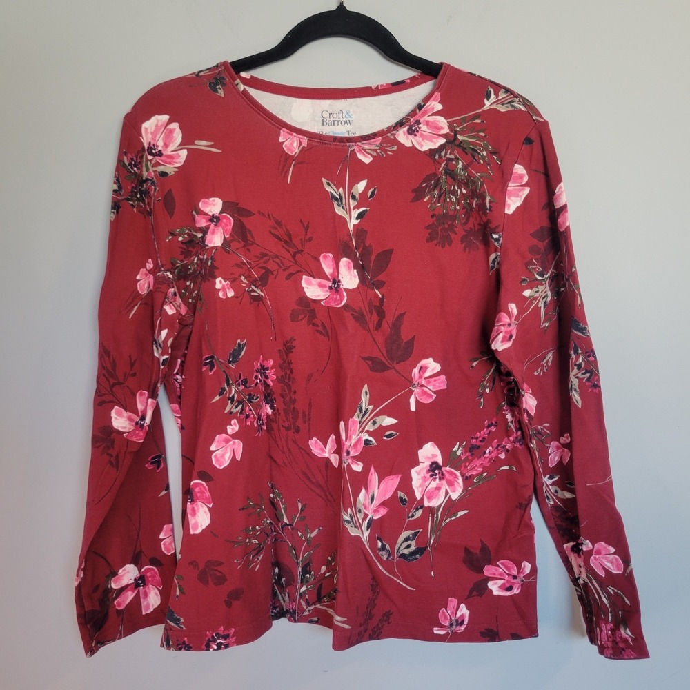 Croft & Barrow Red Pink Floral Long Sleeve Classic Tee Cotton Top Womens Large